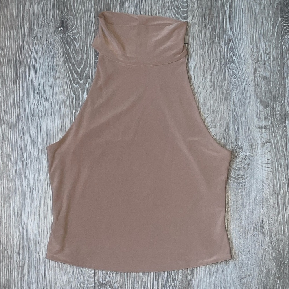 Women's Open Edit Mock Neck Sleeveless Top, Size small tan nude